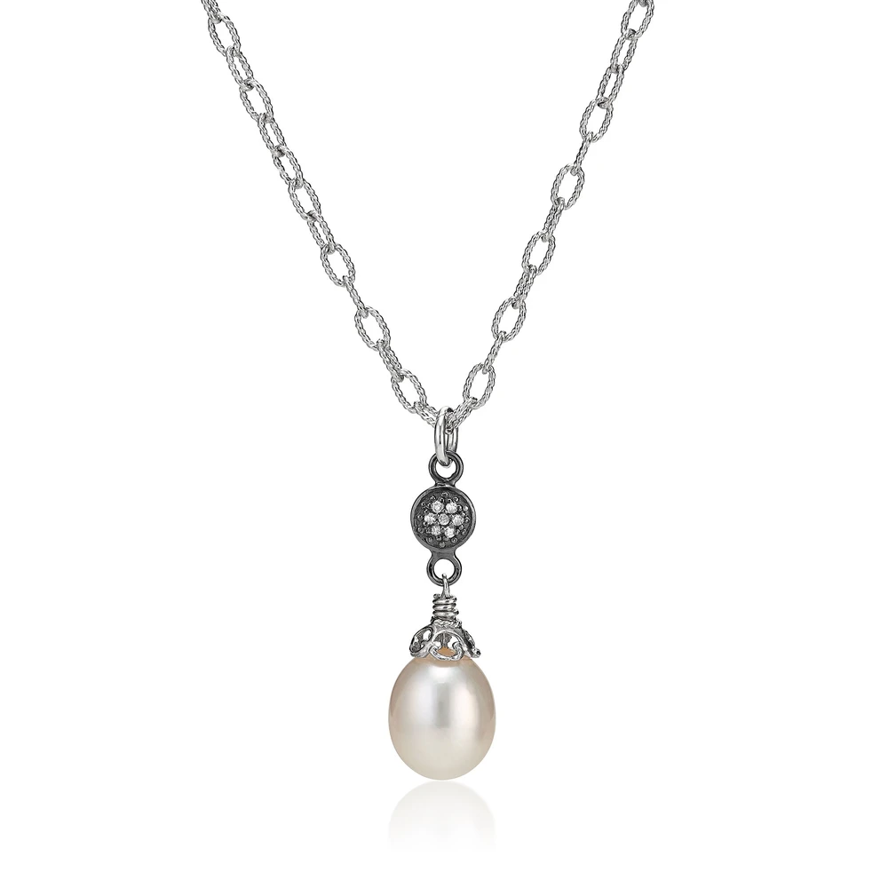 large pearl teardrop necklace with pave diamonds