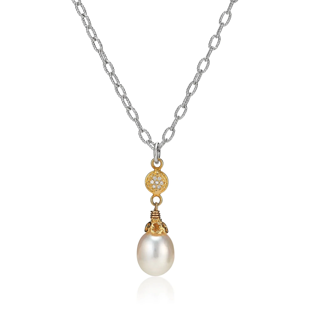 large pearl teardrop necklace with 18k gold plate and pave diamonds