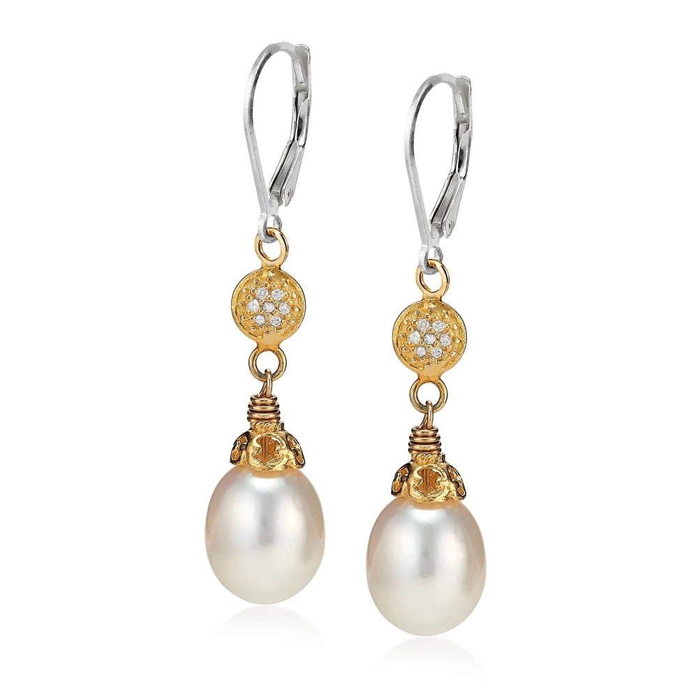 large pearl earrings with 18k gold plate and pave diamonds