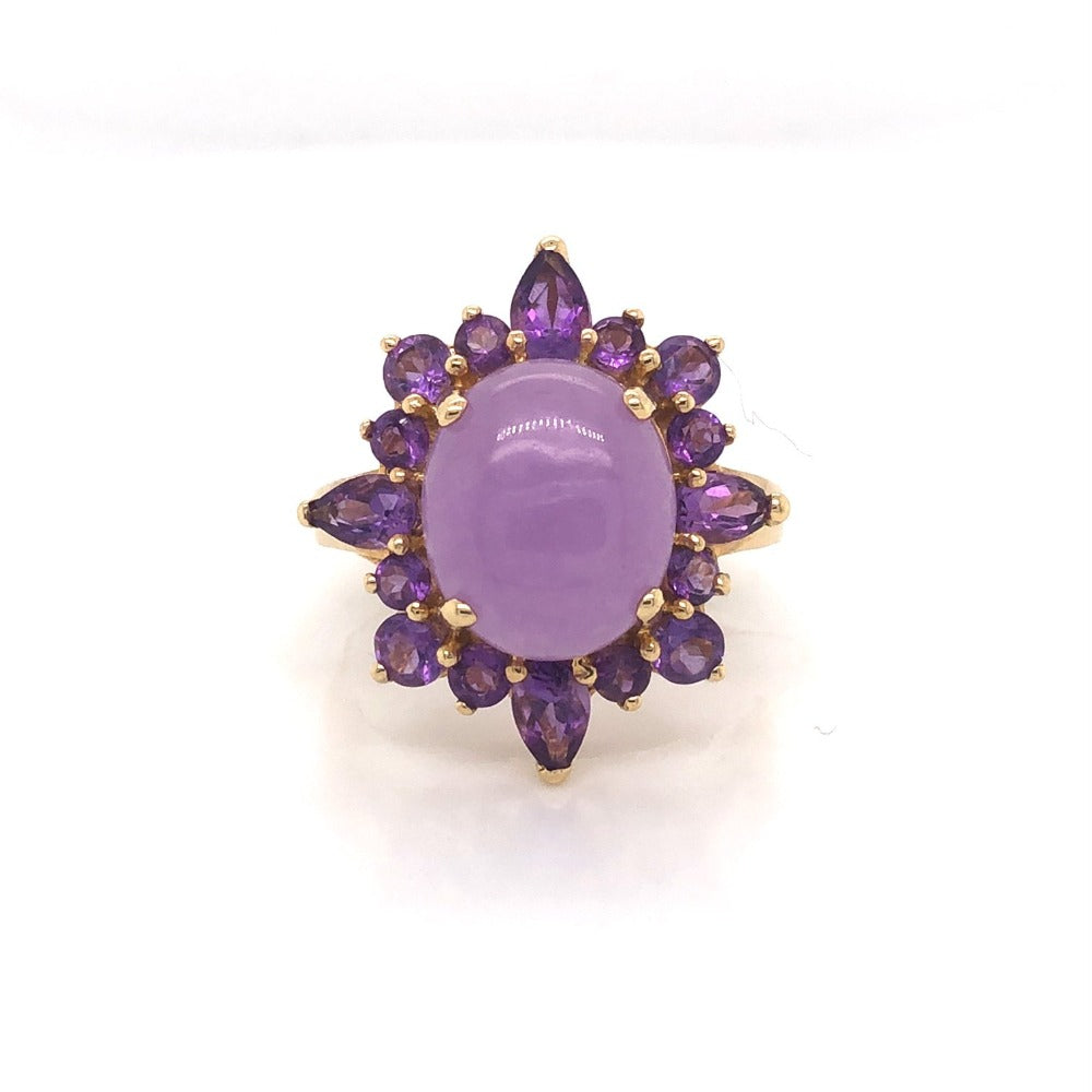 14K Yellow Gold Oval Cabochon Lavender Chalcedony and Amethyst Ring
