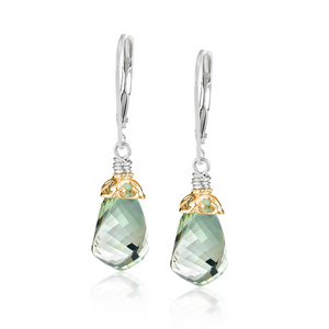 faceted green amethyst twist two-tone earrings