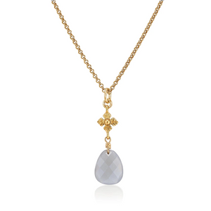 faceted gray moonstone necklace with flower detail in gold