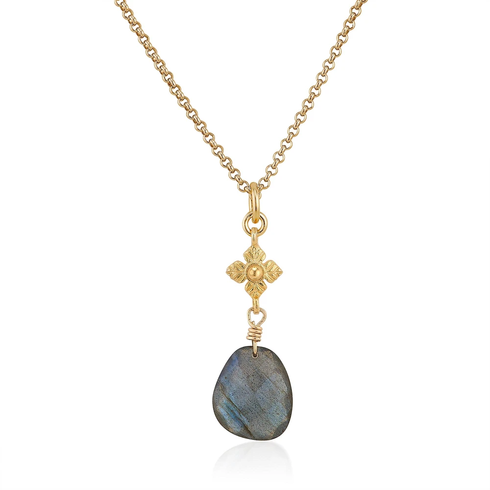 faceted labradorite necklace with flower detail in gold