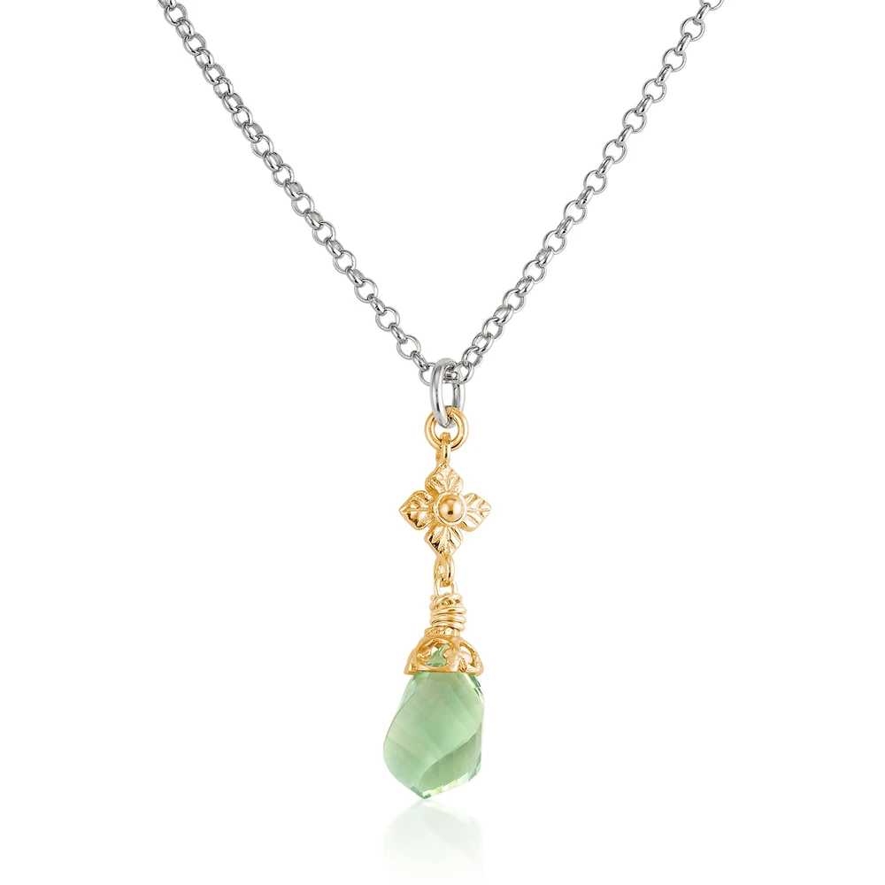 faceted green amethyst twist two-tone necklace with flower detail