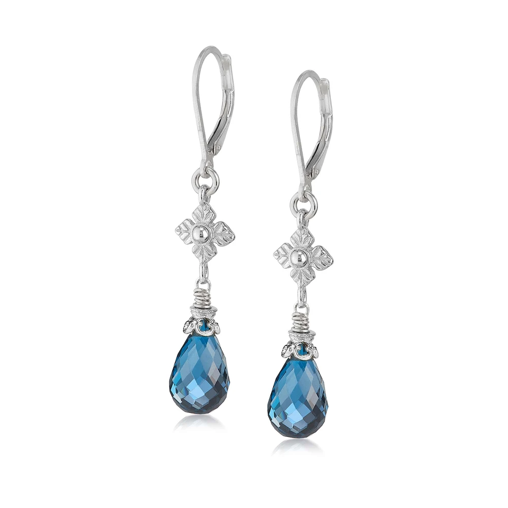 london blue topaz earrings with flower detail in silver