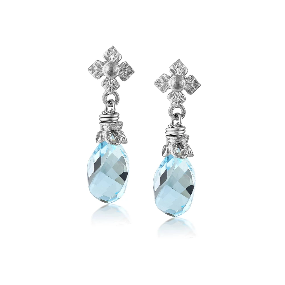 flower post earrings with faceted blue topaz twist drops in silver