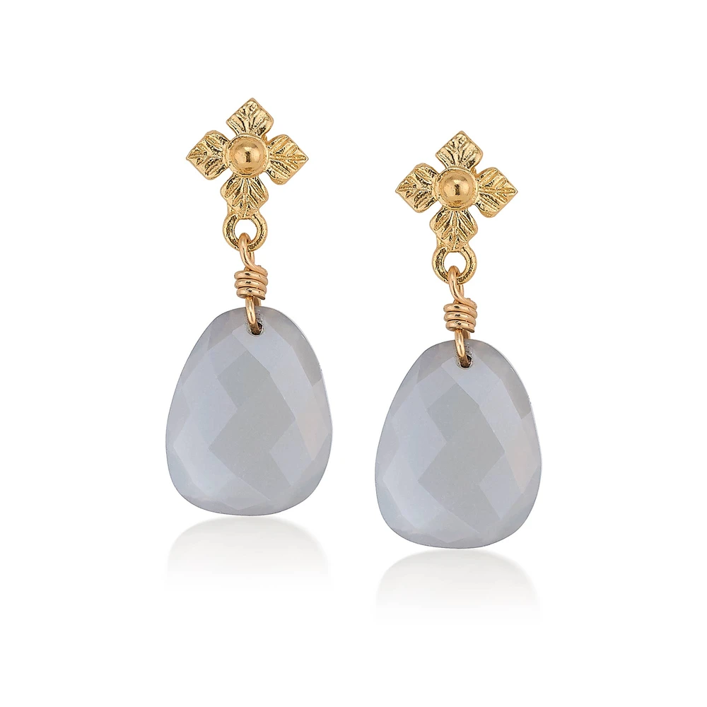 flower post earrings with faceted gray moonstone drops in vermeil