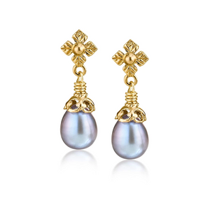 flower post earrings with gray pearl drop in vermeil