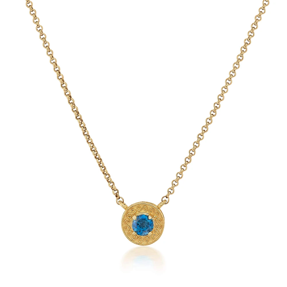 engraved gold disc necklace in london blue topaz