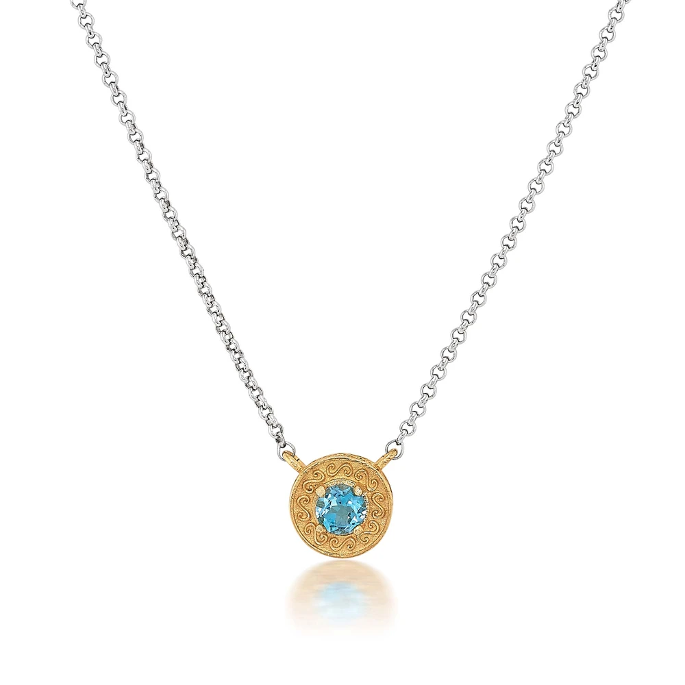 engraved disc two-tone necklace in blue topaz