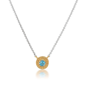 engraved disc two-tone necklace in blue topaz