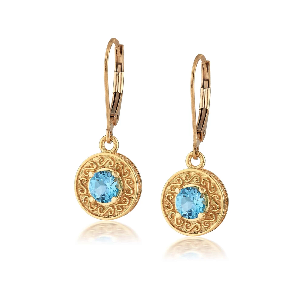 engraved gold disc earrings in blue topaz