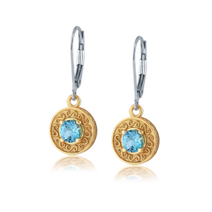 engraved disc two-tone earrings in blue topaz