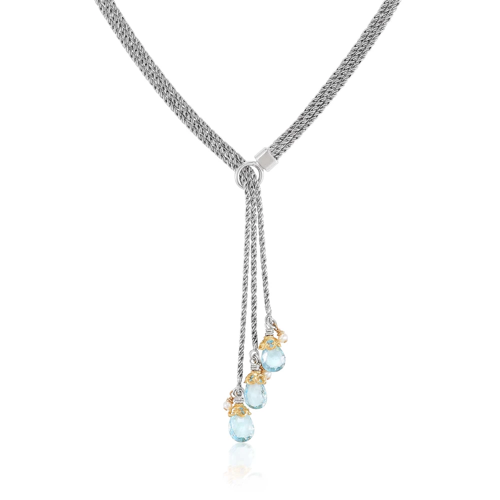 triple strand blue topaz lariat with silvery gray pearls