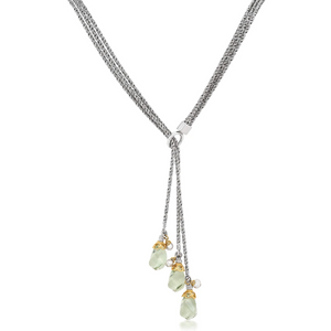 triple strand green amethyst lariat in two-tone with gray pearls