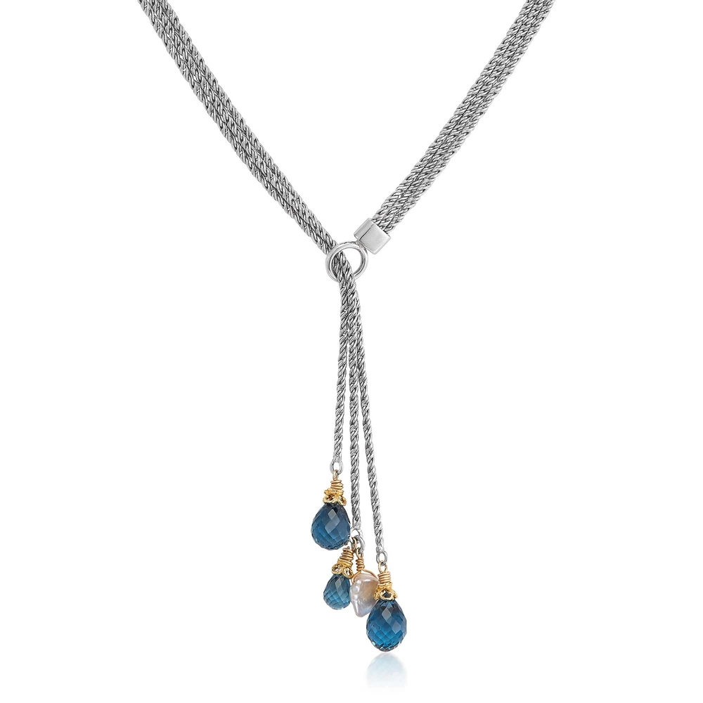 triple strand london blue topaz lariat in two-tone with and keshi pearls