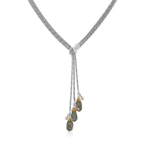 triple strand two-tone lariat with labradorite twists and silvery gray pearls