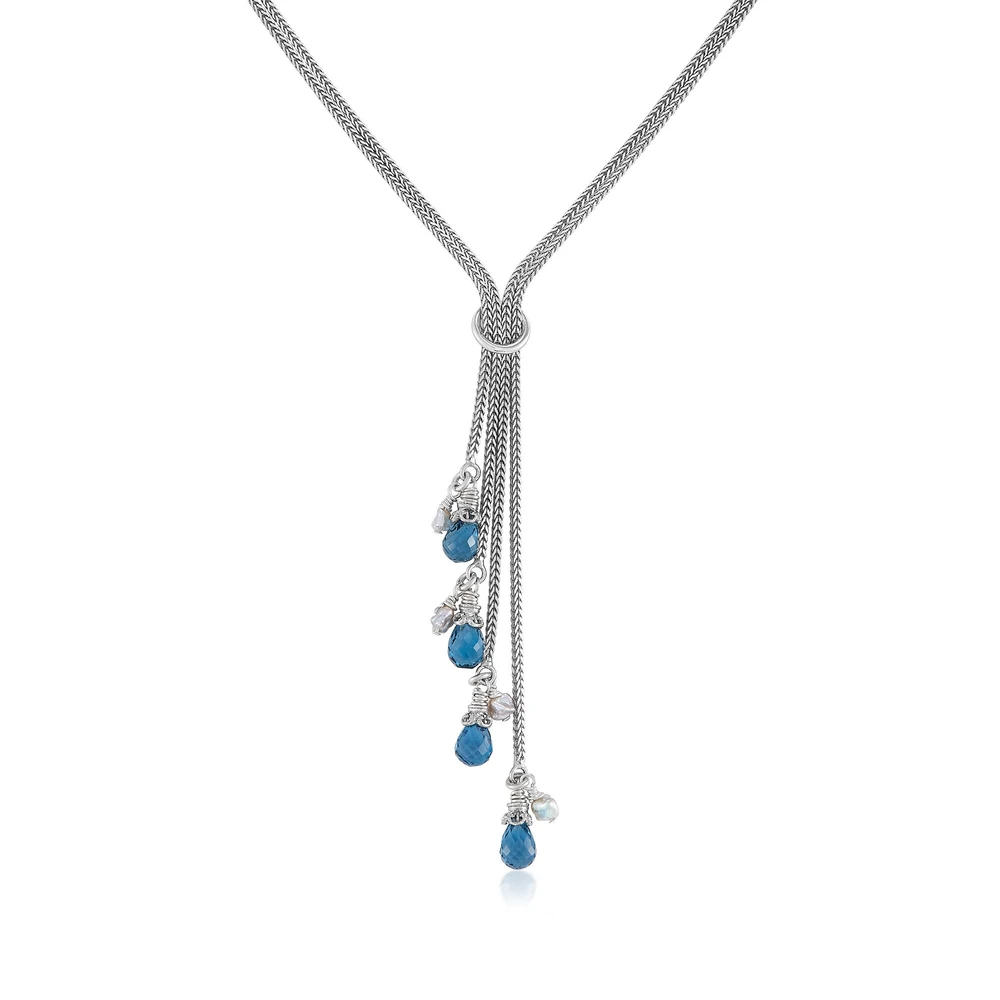 four strand london blue topaz with japanese akoya pearls silver lariat