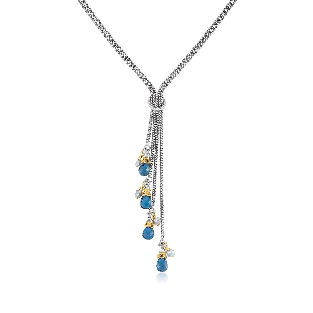 four strand necklace with london blue topaz and japanese akoya pearls