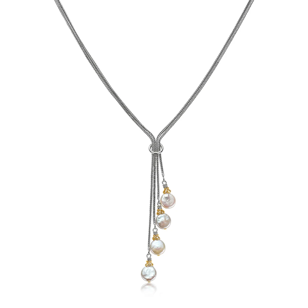 four strand coin pearl lariat with 18k gold vermeil