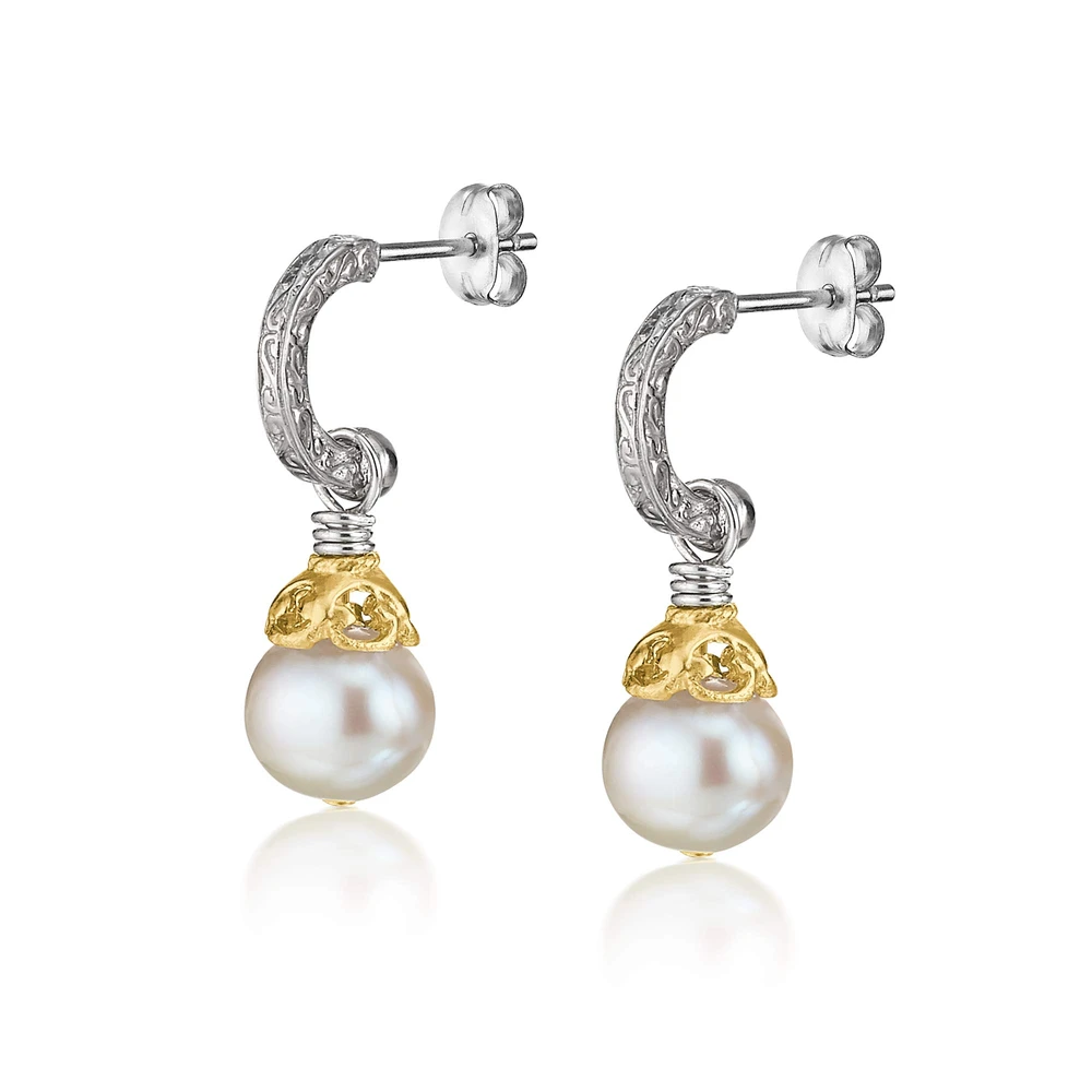 small engraved hoops with 18k gold vermeil pearl drop