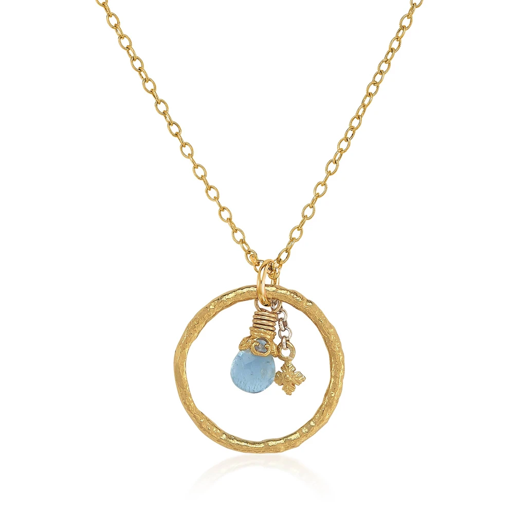 hammered gold circle necklace with aquamarine briolette