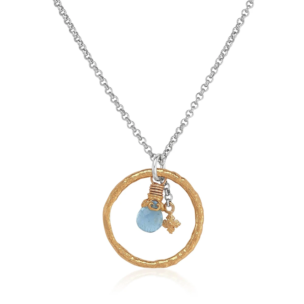 hammered two-tone circle necklace with aquamarine briolette