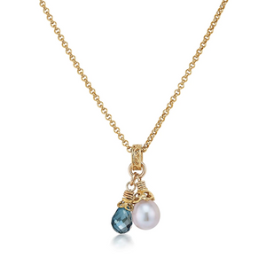 london blue topaz and gray pearl drop necklace in gold