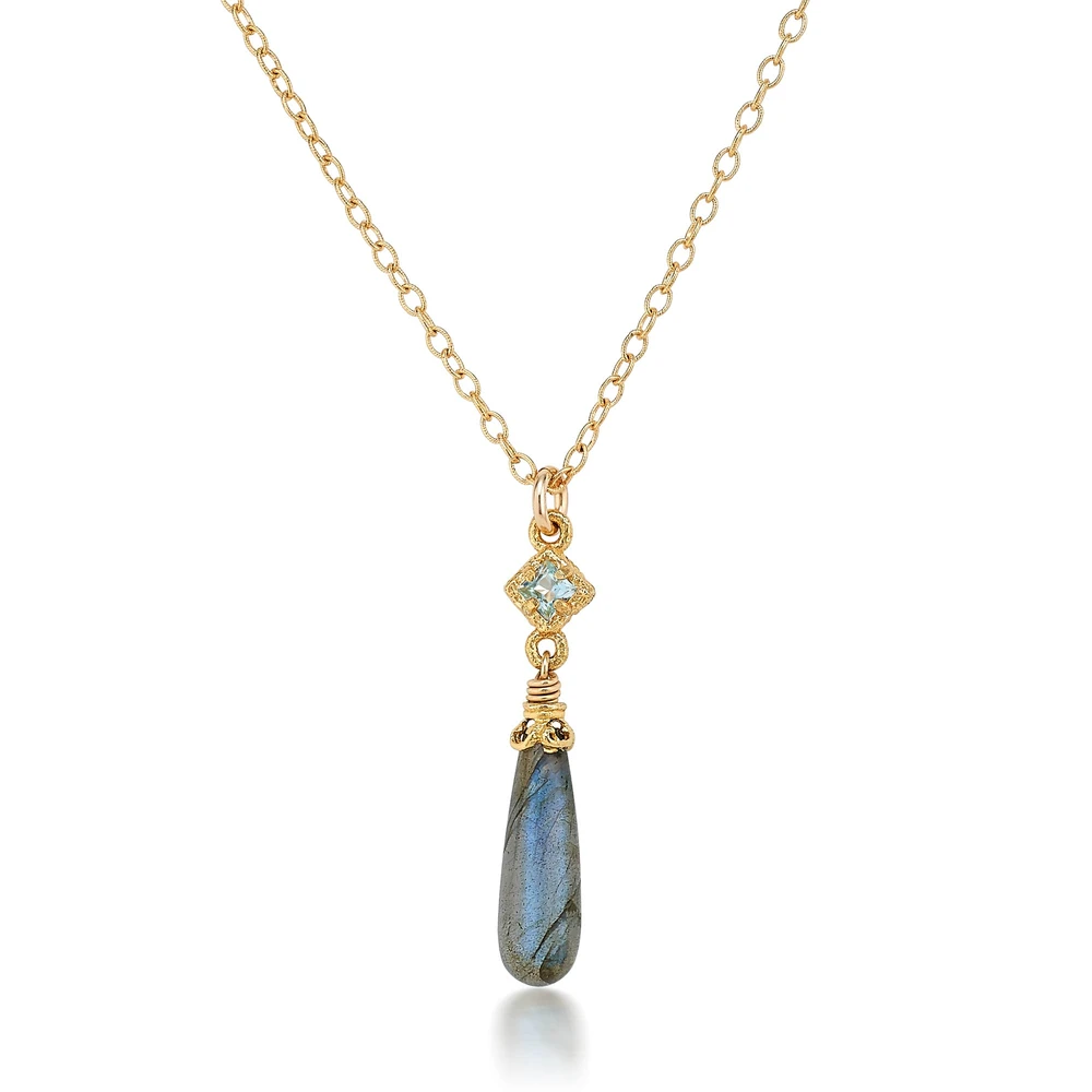gold necklace in blue topaz with labradorite drop