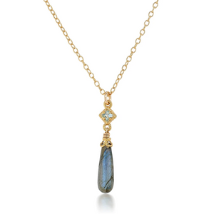 gold necklace in blue topaz with labradorite drop