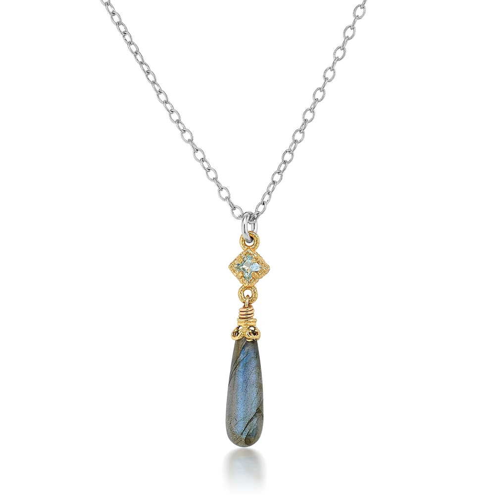 two-tone necklace in blue topaz with labradorite drop