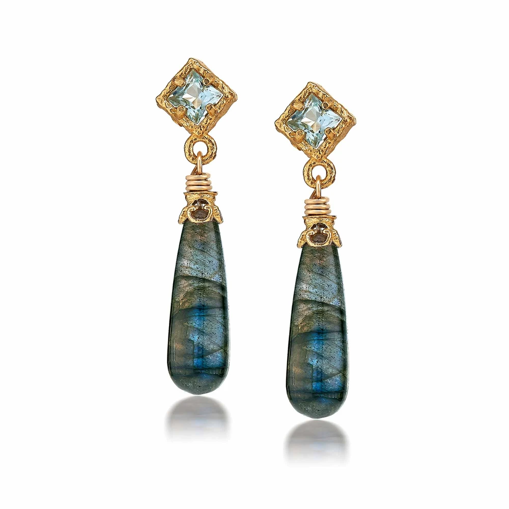 labradorite post earrings with blue topaz and 18k gold vermeil