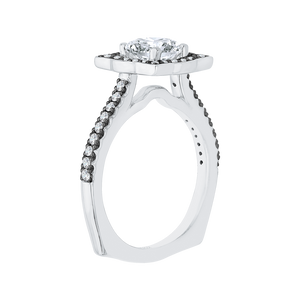 14K White Gold with Black Rhodium Tips Round Diamond Halo Vintage Engagement Ring (Semi Mount)