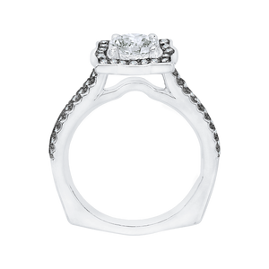 14K White Gold with Black Rhodium Tips Round Diamond Halo Vintage Engagement Ring (Semi Mount)