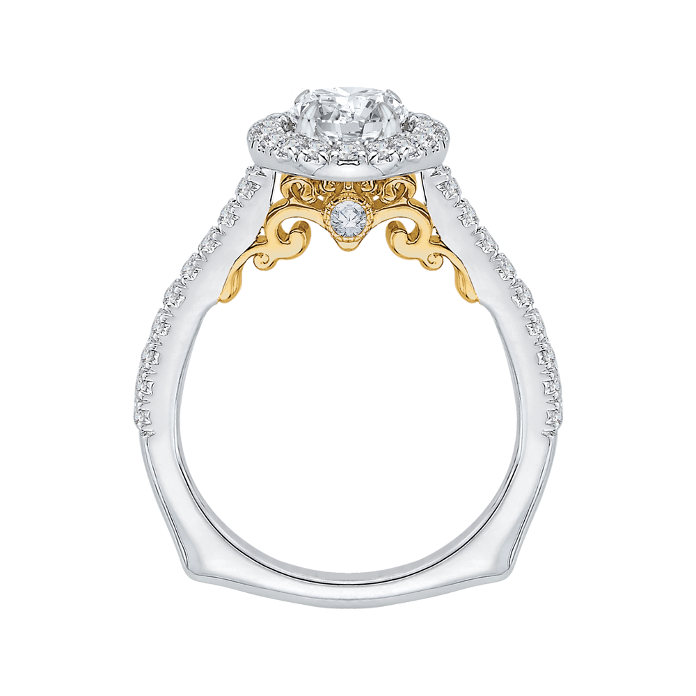 14K Two Tone Gold Round Cut Diamond Halo Engagement Ring (Semi Mount)