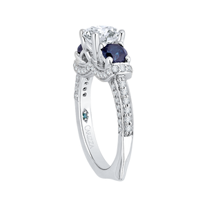 14K White Gold Euro Shank Round Diamond and Sapphire Three Stone Engagement Ring (Semi Mount)