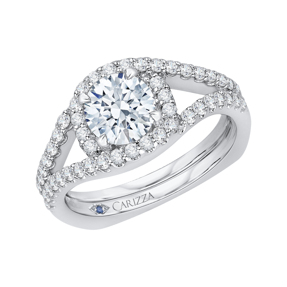 14K White Gold Round Diamond Halo Engagement Ring with Split Shank (Semi Mount)