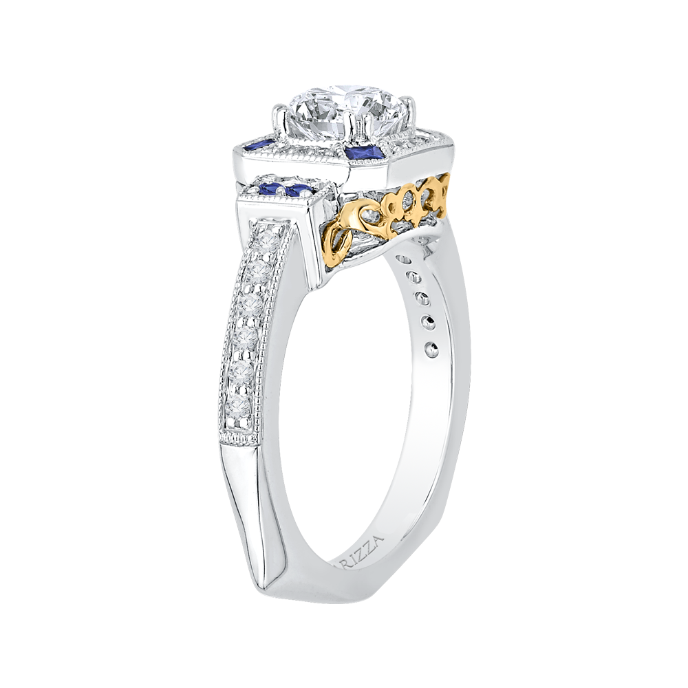 14K Two Tone Gold Round Diamond and Sapphire Engagement Ring (Semi Mount)