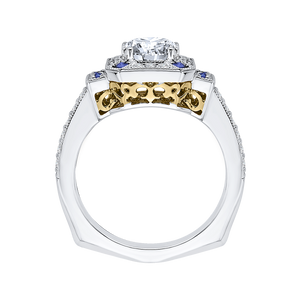 14K Two Tone Gold Round Diamond and Sapphire Engagement Ring (Semi Mount)
