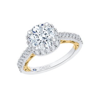 14K Two Tone Gold Round Diamond Halo Engagement Ring (Semi Mount)