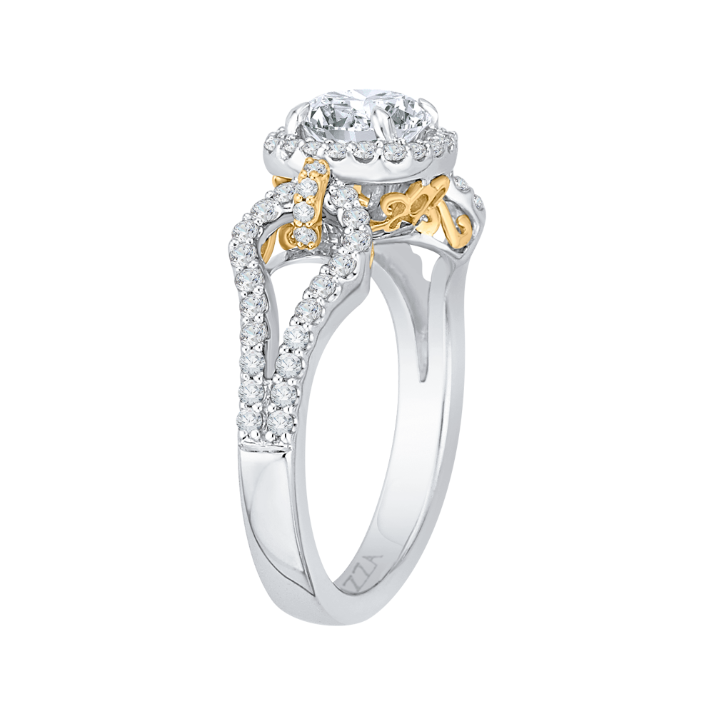 14K Two Tone Gold Round Diamond Halo Engagement Ring with Split Shank (Semi Mount)