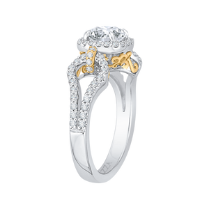 14K Two Tone Gold Round Diamond Halo Engagement Ring with Split Shank (Semi Mount)