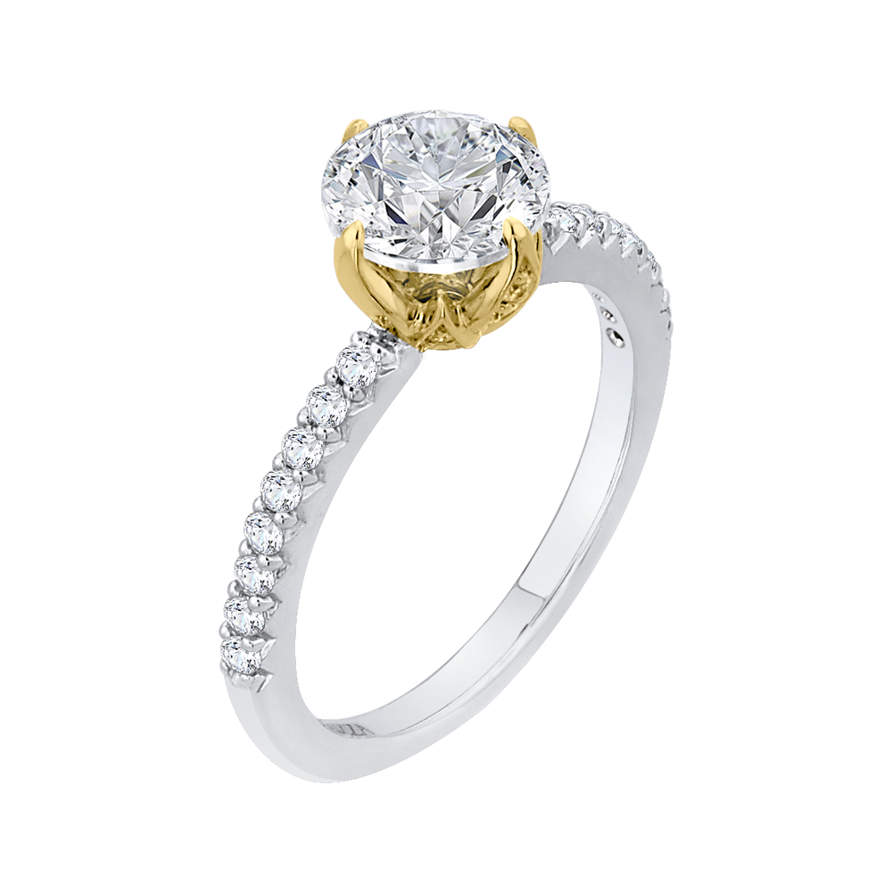 14K Two Tone Gold Round Diamond Floral Engagement Ring (Semi Mount)