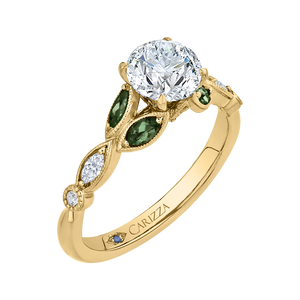 14K Yellow Gold Round Diamond and Green Tsavorite Engagement Ring (Semi Mount)