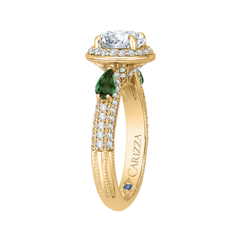 14K Yellow Gold Round Diamond and Green Tsavorite Engagement Ring (Semi Mount)