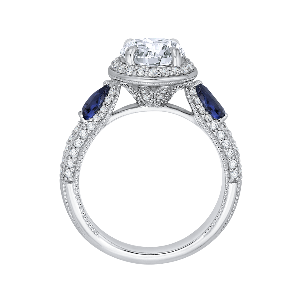 14K White Gold Round Diamond Halo Engagement Ring with Sapphire (Semi Mount)