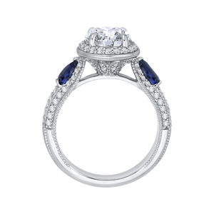 14K White Gold Round Diamond Halo Engagement Ring with Sapphire (Semi Mount)