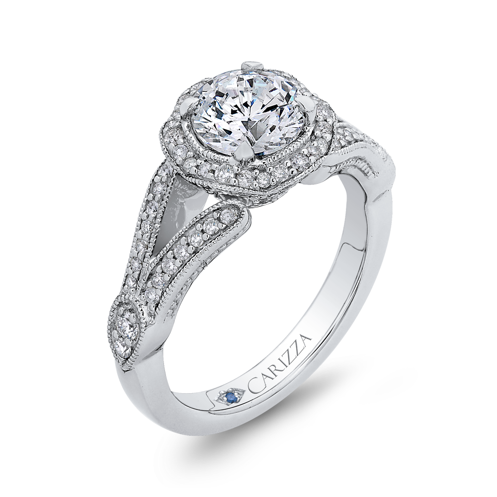 14K White Gold Round Diamond Floral Halo Engagement Ring with Split Shank (Semi Mount)