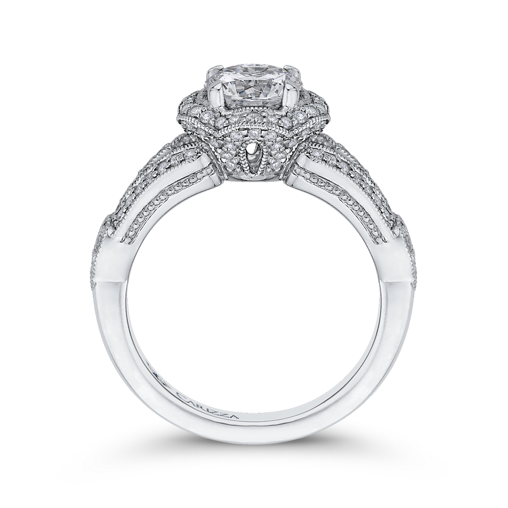 14K White Gold Round Diamond Floral Halo Engagement Ring with Split Shank (Semi Mount)
