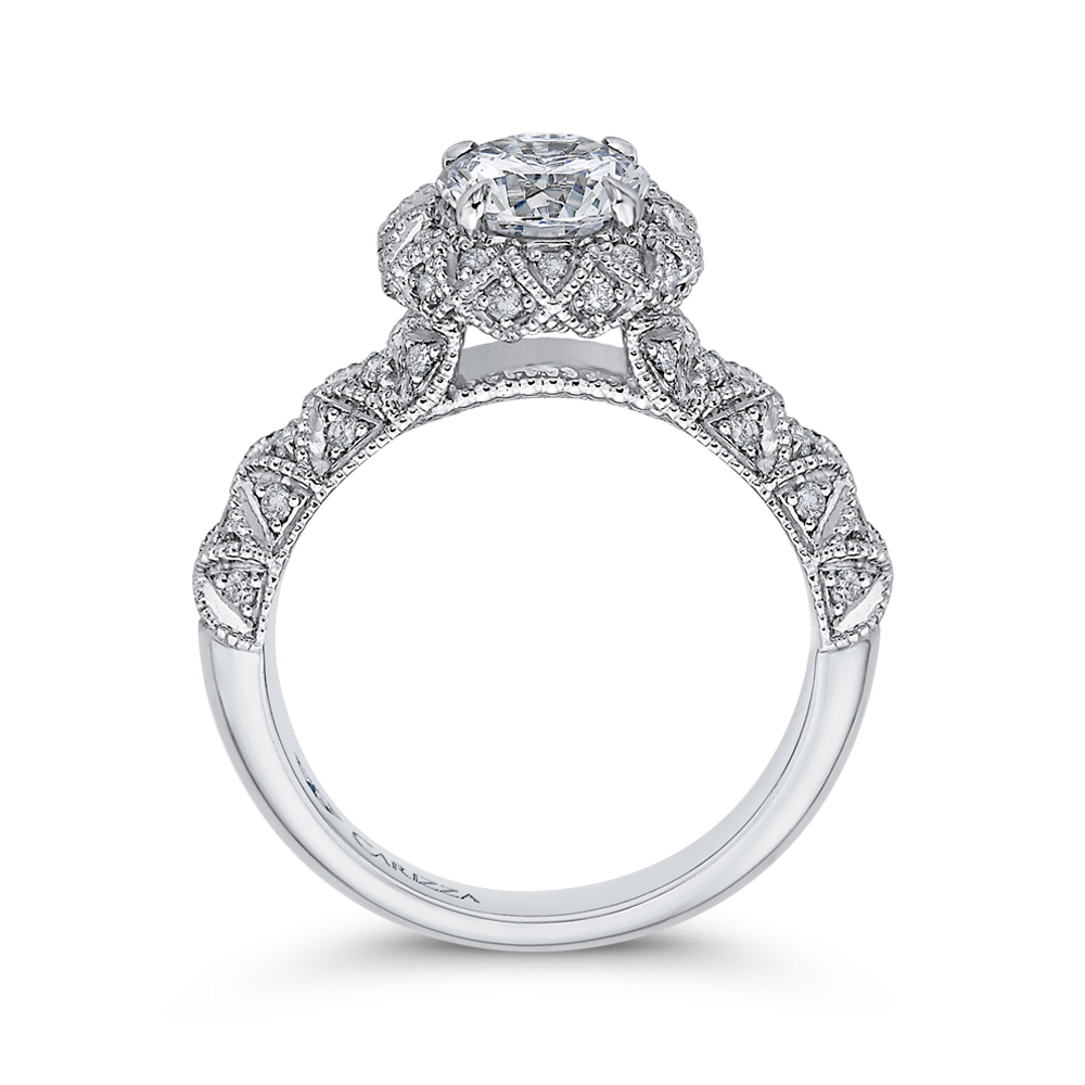 14K White Gold Round Cut Diamond Flower Halo Engagement Ring (Semi Mount)